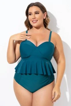 Green Ruched Hem Sweetheart Neckline Underwire Tankini Top -Bikini By Muse b detan131001 6