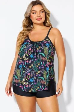 Black Spaghetti Strap Floral Print Tankini Top -Bikini By Muse b detan158002 4