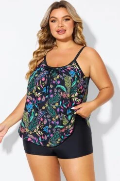 Black Spaghetti Strap Floral Print Tankini Top -Bikini By Muse b detan158002 5