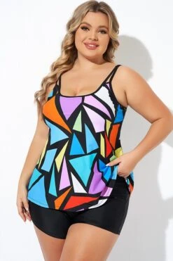 Colorful Adjustable Strap Geometric Print Tankini Top