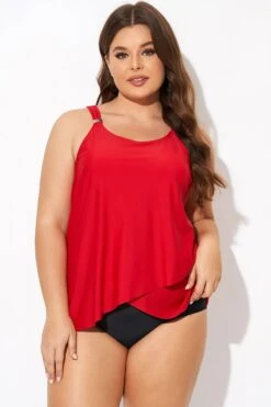 Solid Red Flowy Front Full Straight Back Tankini Top -Bikini By Muse b detan170001 3