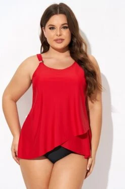 Solid Red Flowy Front Full Straight Back Tankini Top -Bikini By Muse b detan170001 4