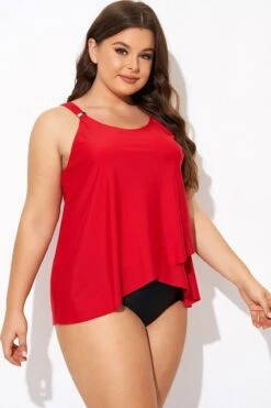 Solid Red Flowy Front Full Straight Back Tankini Top -Bikini By Muse b detan170001 6