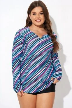 Multi Watercolor Stripe Split-Neck Long Sleeve Tankini Top