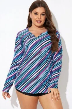 Multi Watercolor Stripe Split-Neck Long Sleeve Tankini Top -Bikini By Muse b detan173001 3