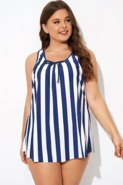 Striped Navy Blue Bowknot Women Tankini Top -Bikini By Muse b detan174001 5