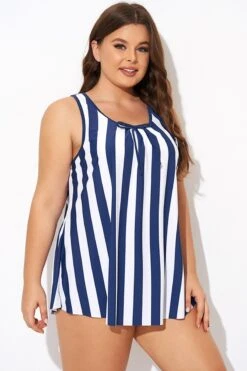 Striped Navy Blue Bowknot Women Tankini Top -Bikini By Muse b detan174001 6