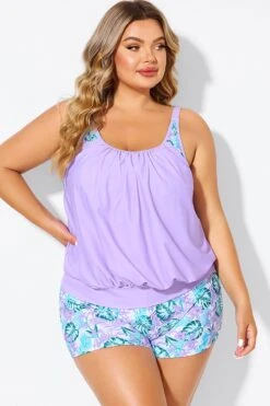 Plus Size Floral Print Light Purple Tankini Top -Bikini By Muse b detan175001 3