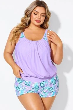 Plus Size Floral Print Light Purple Tankini Top -Bikini By Muse b detan175001 4