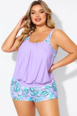 Plus Size Floral Print Light Purple Tankini Top -Bikini By Muse b detan175001 5
