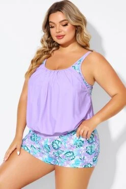 Plus Size Floral Print Light Purple Tankini Top -Bikini By Muse b detan175001 6