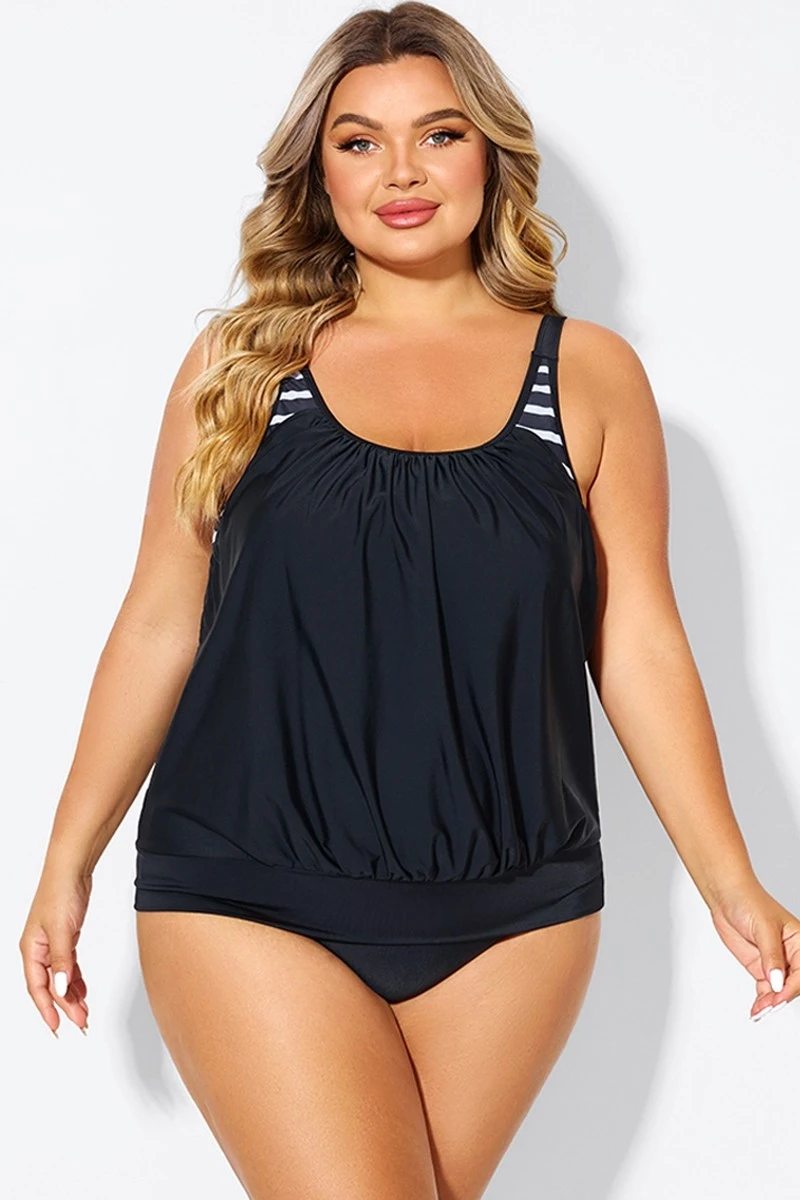Black & White Striped Drawstring Side Tankini Top 1 Black & White Striped Drawstring Side Tankini Top