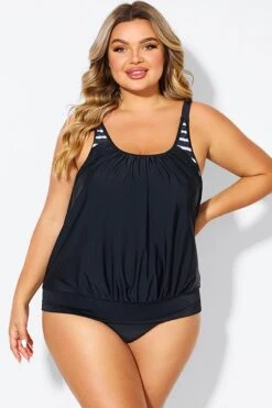 Black & White Striped Drawstring Side Tankini Top 8 Black & White Striped Drawstring Side Tankini Top -Bikini By Muse b detan175002 3