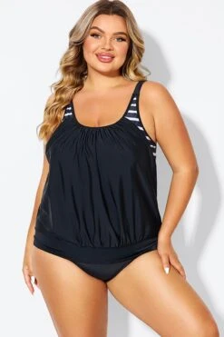 Black & White Striped Drawstring Side Tankini Top 9 Black & White Striped Drawstring Side Tankini Top -Bikini By Muse b detan175002 4
