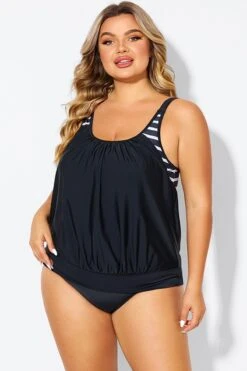 Black & White Striped Drawstring Side Tankini Top 11 Black & White Striped Drawstring Side Tankini Top -Bikini By Muse b detan175002 5