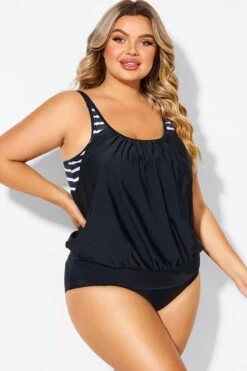 Black & White Striped Drawstring Side Tankini Top 10 Black & White Striped Drawstring Side Tankini Top -Bikini By Muse b detan175002 6