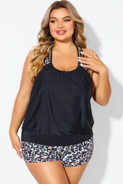 Leopard Print T-Back Blouson Tankini Top -Bikini By Muse b detan178001 3