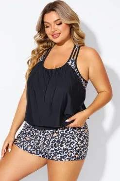 Leopard Print T-Back Blouson Tankini Top -Bikini By Muse b detan178001 6