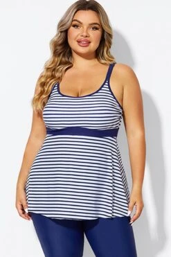 Blue＆White Stripe Adjustable Strap Tankini Top -Bikini By Muse b detan181001 3