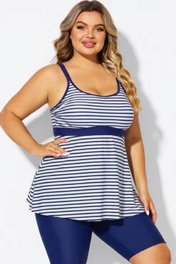 Blue＆White Stripe Adjustable Strap Tankini Top -Bikini By Muse b detan181001 6