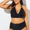Fashionable Black V-neck Halter Bikini Set