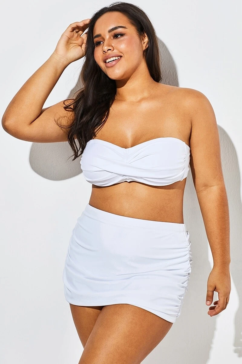 White Twist Front Bandeau Spa Bikini With Skirt 1 White Twist Front Bandeau Spa Bikini With Skirt