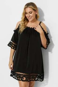 Black Crochet Off The Shoulder Cover Up Dress