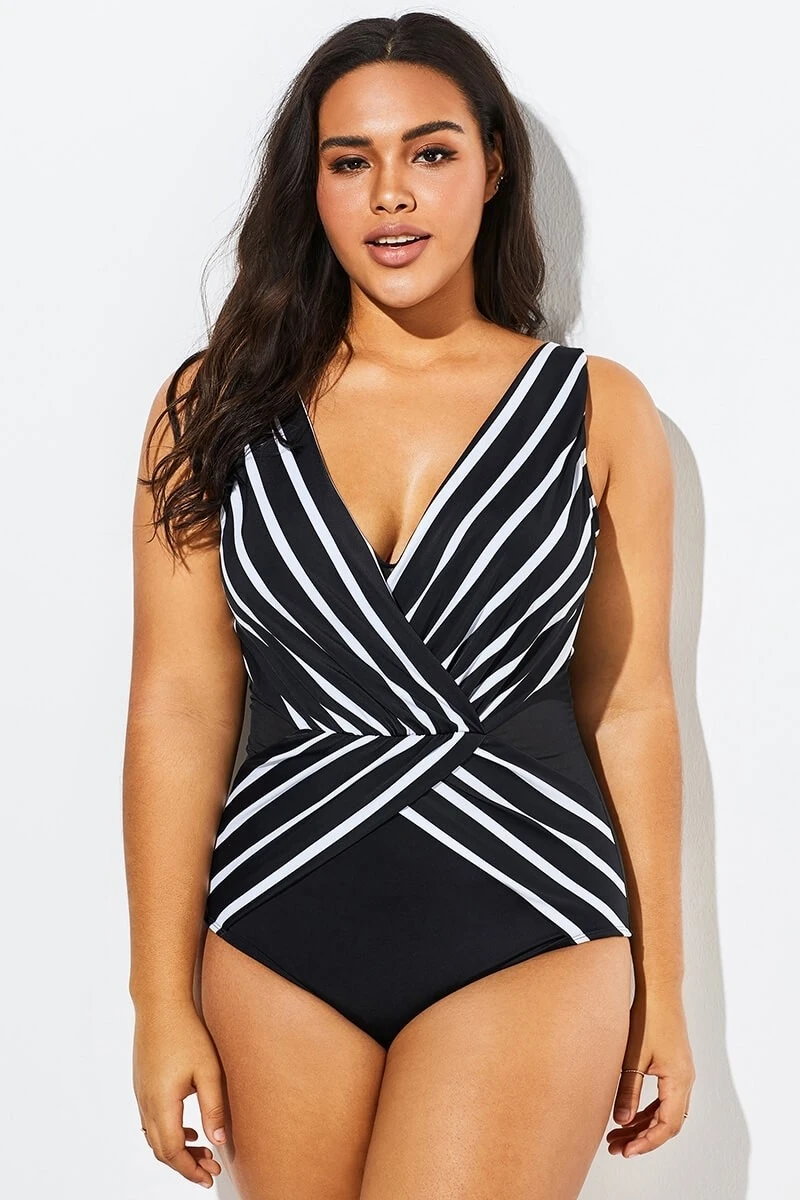 Black V-Neck Streak Modern One Piece Swimsuit 3 Black V-Neck Streak Modern One Piece Swimsuit - Image 3