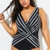 Black V-Neck Streak Modern One Piece Swimsuit