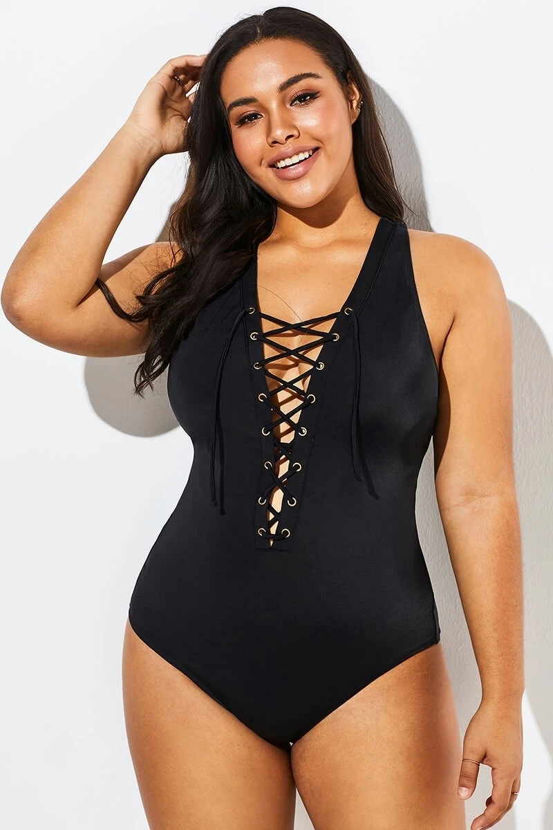 Black Lace Up One Piece Open Back Swimsuit 1 Black Lace Up One Piece Open Back Swimsuit