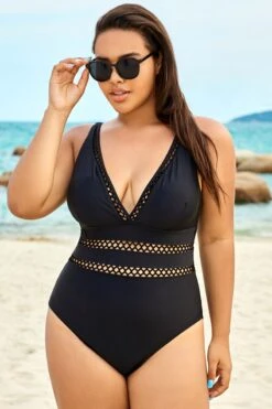 Black Lattice Plunge V-neck One Piece Swimsuit -Bikini By Muse b sfop1911067 4