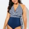 Fashion Faux Wrap Halter One Piece Swimsuit