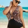 Black Leopard Print Ring Plunge One Piece Swimsuit