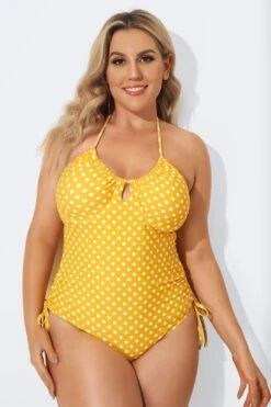 Yellow Self-Tie Halter Dot One Piece Swimsuit -Bikini By Muse b sfop2003088 3