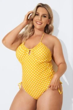 Yellow Self-Tie Halter Dot One Piece Swimsuit -Bikini By Muse b sfop2003088 4
