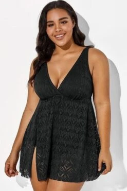 Black Crochet Side Slit V-Neck Graceful Swimdress -Bikini By Muse b sfsd1911001 1