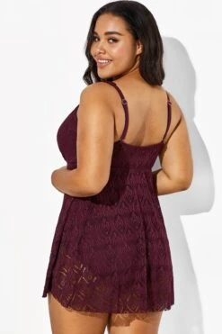 Wine Crochet Side Slit V-Neck Graceful Swimdress 12 Wine Crochet Side Slit V-Neck Graceful Swimdress -Bikini By Muse b sfsd1911005 2 1