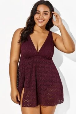 Wine Crochet Side Slit V-Neck Graceful Swimdress 9 Wine Crochet Side Slit V-Neck Graceful Swimdress -Bikini By Muse b sfsd1911005 3 1