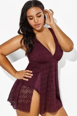 Wine Crochet Side Slit V-Neck Graceful Swimdress 11 Wine Crochet Side Slit V-Neck Graceful Swimdress -Bikini By Muse b sfsd1911005 4 1