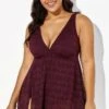 Wine Crochet Side Slit V-Neck Graceful Swimdress