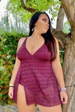 Wine Crochet Side Slit V-Neck Graceful Swimdress 13 Wine Crochet Side Slit V-Neck Graceful Swimdress -Bikini By Muse b sfsd1911005 7 1