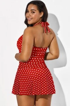 Red Halter Twist-front Polka Dot Swimdress -Bikini By Muse b sfsd1911031 22