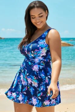 Blue V-neck Elegant Flower Swimdress For Lady 7 Blue V-neck Elegant Flower Swimdress For Lady -Bikini By Muse b sfsd1911047 1