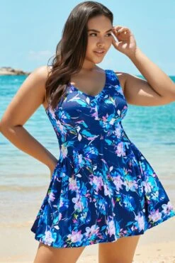 Blue V-neck Elegant Flower Swimdress For Lady 6 Blue V-neck Elegant Flower Swimdress For Lady -Bikini By Muse b sfsd1911047 4