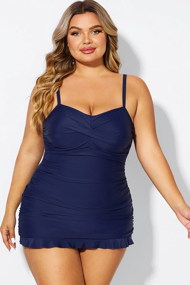 Dark Blue Twist Front Sweetheart Neckline Ruffle Swimdress 1 Dark Blue Twist Front Sweetheart Neckline Ruffle Swimdress