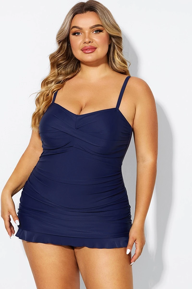 Dark Blue Twist Front Sweetheart Neckline Ruffle Swimdress 4 Dark Blue Twist Front Sweetheart Neckline Ruffle Swimdress - Image 4
