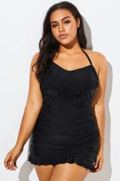 Solid Black Fringe Ruffle Hem Bandeau Swimdress 11 Solid Black Fringe Ruffle Hem Bandeau Swimdress -Bikini By Muse b sfsd1911060 6
