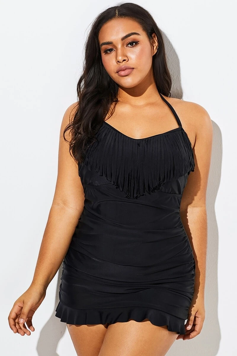 Solid Black Fringe Ruffle Hem Bandeau Swimdress 6 Solid Black Fringe Ruffle Hem Bandeau Swimdress - Image 6