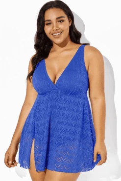 Blue Crochet Side Slit V-Neck Graceful Swimdress 7 Blue Crochet Side Slit V-Neck Graceful Swimdress -Bikini By Muse b sfsd1911064 3