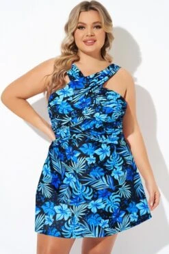 Blue Floral Printed High Neck Wrap Swimdress -Bikini By Muse b sfsd2003011 11